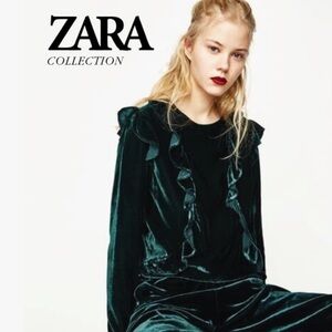 Zara Velvet Ruffle Blouse - Deep Green - XS